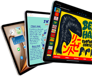 Három iPad Air, a kijelzőjükön az iPadOS és különböző appok funkcióival