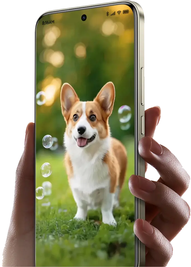 Kézben tartott telefon, kijelzőn az AI háttérképek ablak látszik