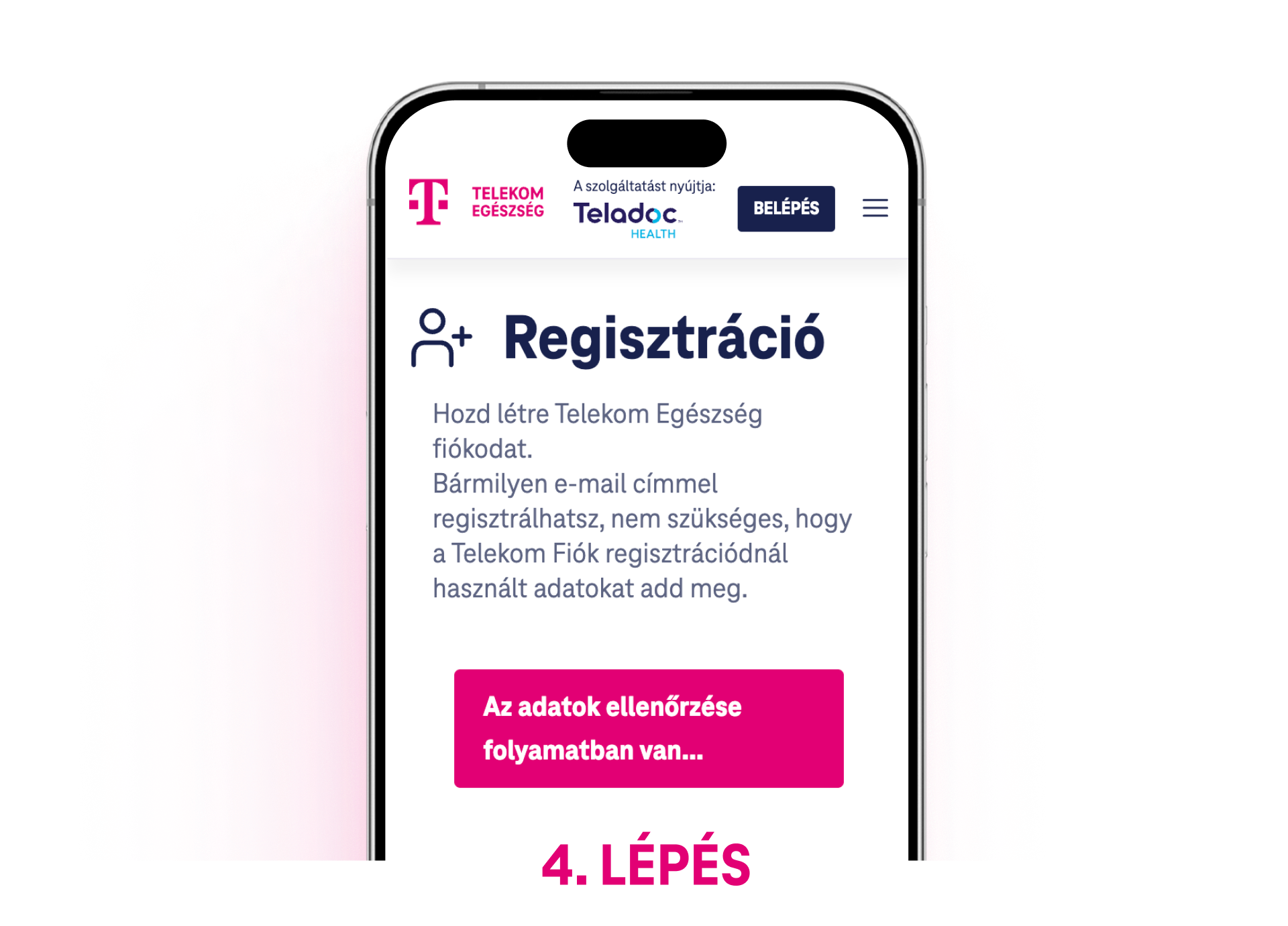 Regisztrációs űrlap, ahol a felhasználó megadhatja adatait a Telekom Egészség szolgáltatásra való regisztrációhoz.